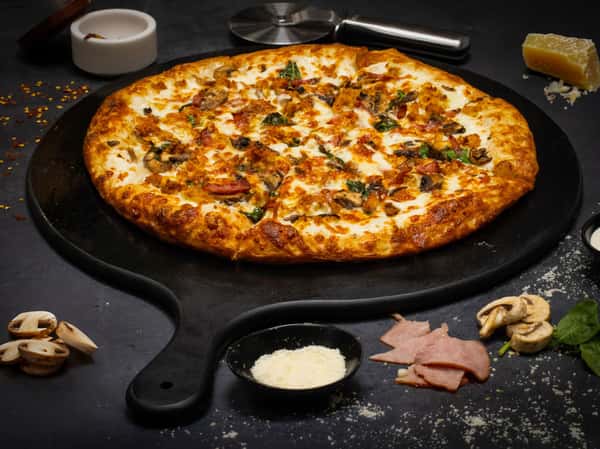 (Chicken, Alfredo Sauce, Mushroom, Turkey Bacon, Spinach, Mozzarella Cheese)