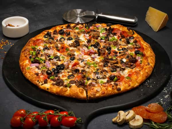(Pepperoni, Sausage, Beef, Onions, Mushroom, Green Peppers, Black Olives, Mozzarella Cheese)
