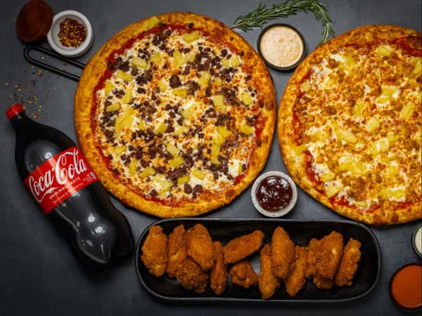 2 Large pizzas with 2 toppings on each with 2lt drink $39.99