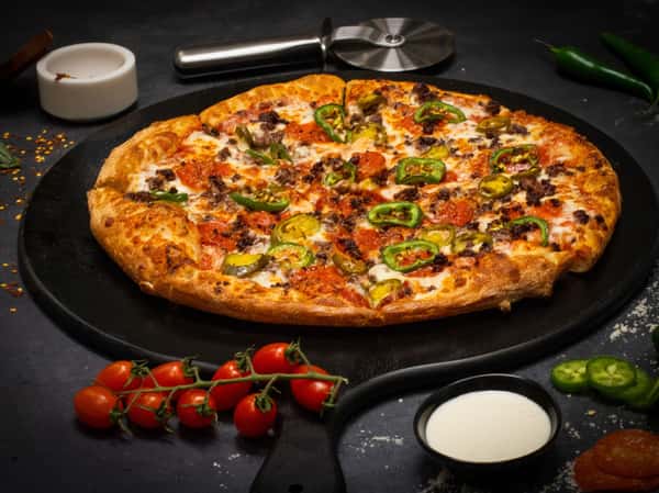 (Pepperoni, Hot Green And Roquito Peppers, Jalapeno, Mozzarella Cheese, Spicy Beef, Parsley)