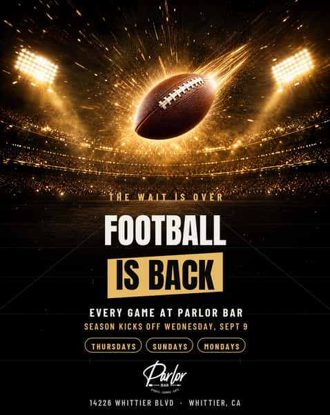 🚨 Attention. Football is officially back! The season is starting the upcoming week. September 9th the action starts and you already know we gonna have every game on lock! 

Watch every game with us at Parlor Bar, enjoy a drink and meet cool people every time you come.

25+ TVs, good food, 2 rooms, and plenty of drinks of course 🍺 

#HappyHour #WhittierNightlife #SportsBar #NFLWatchParty #FantasyFootball Gameday