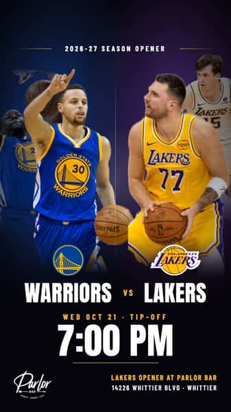 Lakers basketball is back! Luka and the squad open the season against Curry and the Warriors tomorrow night, and we're saving you a seat. 🏀
Tip-off is at 7pm. Pull up early and bring the crew. 🍻
Parlor Bar | 14226 Whittier Blvd, Whittier
#Lakers #LakeShow #LakersVsWarriors #Whittier #ParlorBar