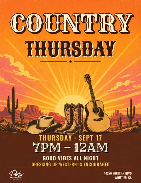 Country Night is back tomorrow!
Wanna dress up, do it. Get the boots, and the hat ready to dance the night away. 🤠
7pm-12am don’t miss out!
Happy Hour 4–7PM 🍻
14226 Whittier Boulevard
Whittier, CA 90605
(562) 360-1945
#WhittierNightLife #ParlorBar #PBW #SpeakeasyBarInWhittier #WhittierHappyHour