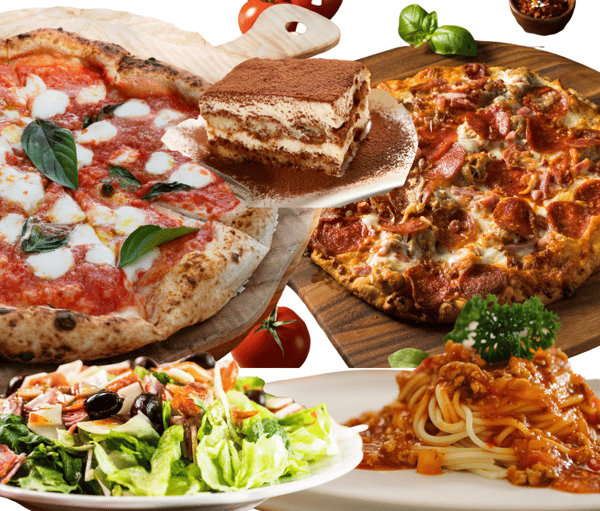 ONE 14" MARGHERITA + ONE 14" CARNE + SPAGHETTI BOLOGNESE + ITALIAN CHOP + TIRAMISU