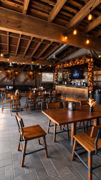 Rustic banquet room with wooden tables and chairs, exposed ceiling beams, and warm string lights, ready for private events