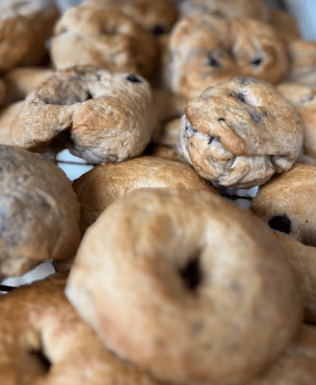 Close-up of assorted bagels with a golden crust.