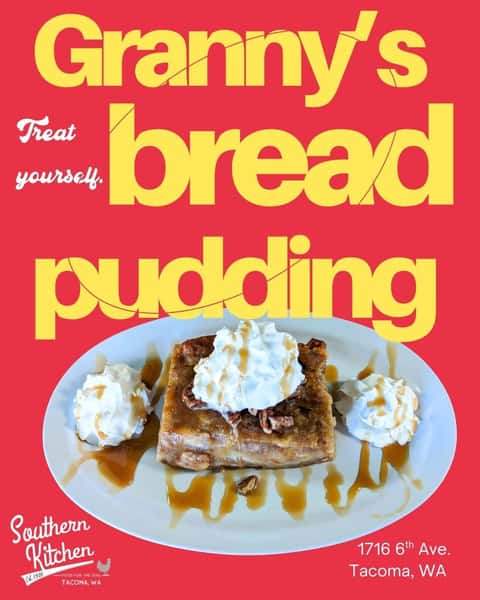 A Southern classic with a sweet finish. ✨  Granny's Bread Pudding ✨  is warm, rich, and comforting, topped with fluffy whipped cream, crunchy candied pecans, and a decadent caramel drizzle.

Every bite is the perfect blend of soft, sweet, and buttery goodness. Save room for dessert... you'll be glad you did!

📍 Southern Kitchen
1716 6th Ave.
Tacoma, WA

🍽️ Dessert served all day.
.
.
.
.

#SouthernKitchenTacoma #BreadPudding #HomemadeDessert #TacomaEats #253eats