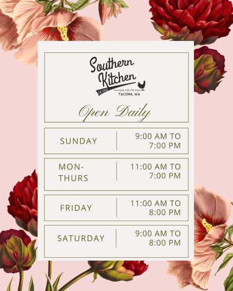 We're here and ready to serve you! ❤️ Stop by during our business hours for your Southern Kitchen favorites. We can't wait to see you! 🍳🍗
.
.
.
.
.
#southernkitchentacoma #tacomawa #6thavetacoma #tacomarestaurants #tacomaeats