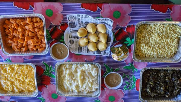 catered sides potatoes, greens, mac and cheese with cornbread