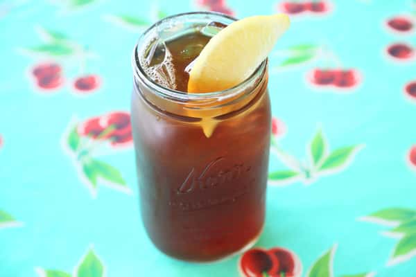 This is a photo of sweet tea in a Mason jar at Southern Kitchen in Tacoma, Washington. 