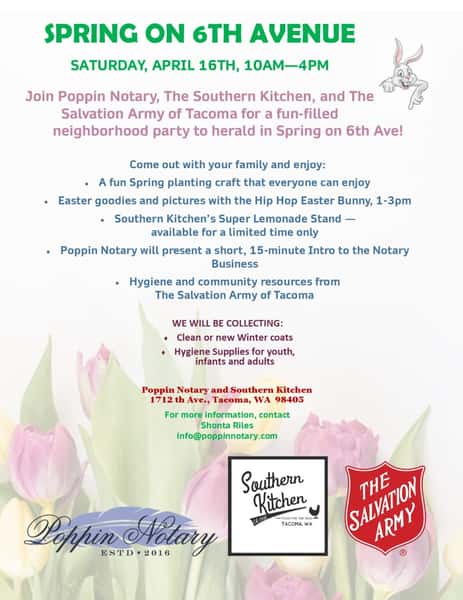 The photo is of a flyer for the Easter event on April 16th, 2022 from 10AM-4PM with The Salvation Army, Southern Kitchen, and The Salvation Army. There will be hygiene and community resources, classes, the Hip Hop Easter bunny, and a lemonade stand. 