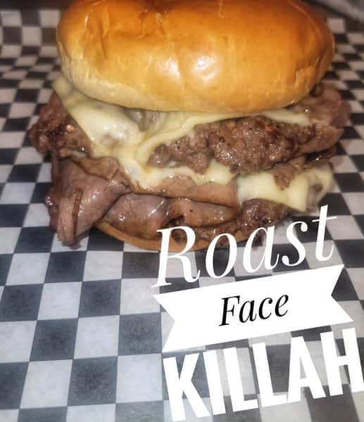 Burger called Roast Face Killah topped with roast beef and melted cheese