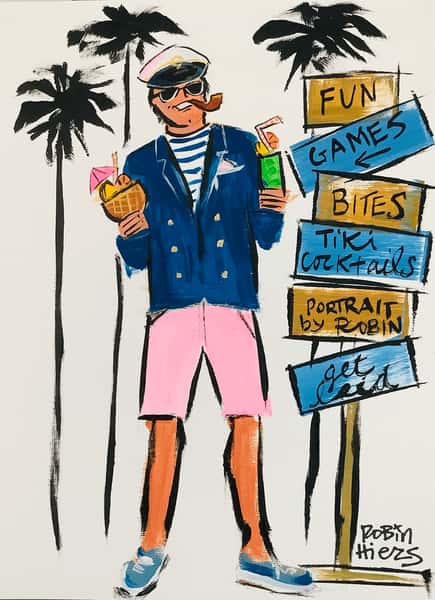 guy dressed in shorts and captain hat with a tiki cocktail and palm trees