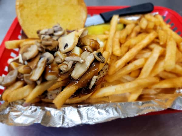 Poutine Burger with Sauteed Mushrooms