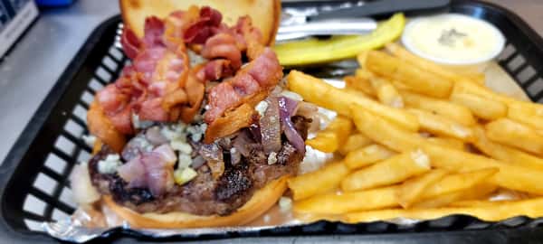 Crumbly Bleu Cheese, Bacon and Caramelized Onions