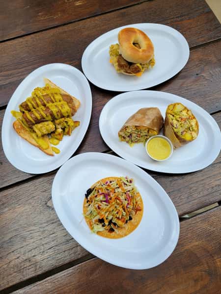 Roasted Tofu Scramble Bagel, Tofu Scramble Stack, Tofu Scramble wrap, & Tofu Scramble Taco