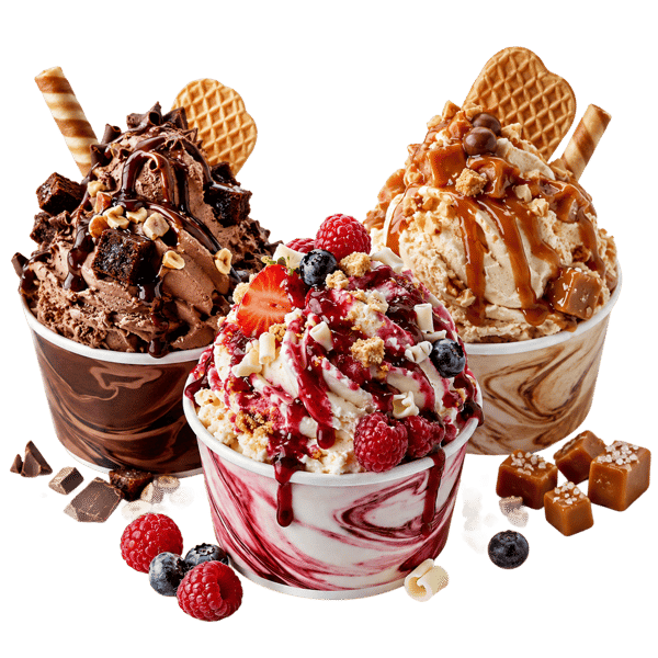 Assorted gourmet ice cream sundaes topped with chocolate drizzle, caramel, berries, waffle cookies, and whipped cream at a dessert shop