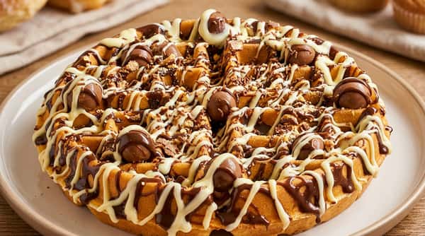 Waffle with dark and white chocolate drizzle, chocolate candies, and cookie crumbles, in a white box.