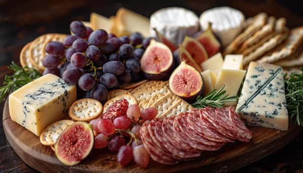 Charcuterie board with assorted cheeses, cured meats, grapes, and figs.