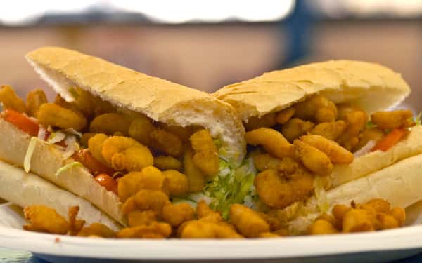 Fried shrimp poboy with lettuce and tomato