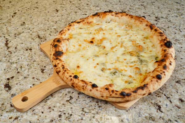 four cheese pizza with golden melted cheese and bubbly crust