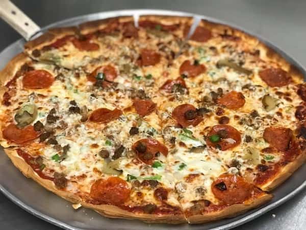 specialty pizza with pepperoni, sausage, and peppers