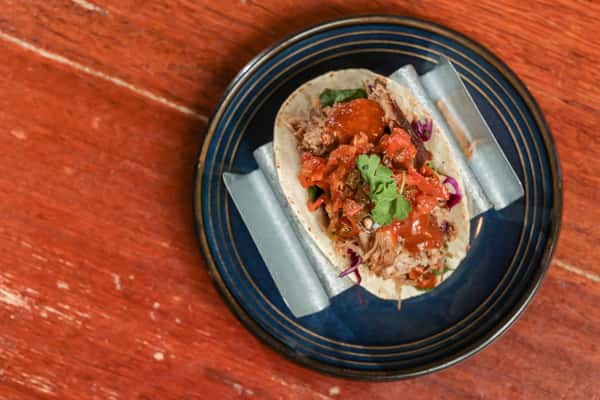Pulled pork taco topped with red salsa, diced tomatoes, and fresh cilantro, served in a metal taco holder on a blue-rimmed plate.