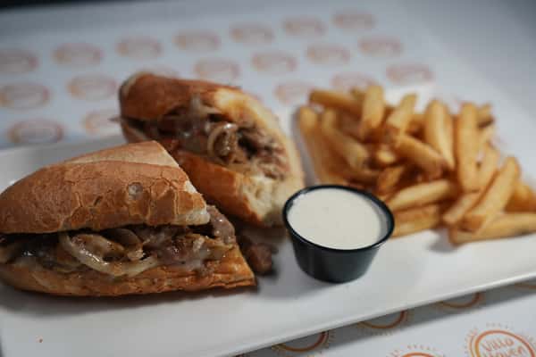 Meaty roll with sauce and fries