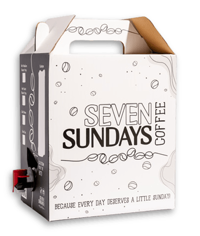 White "Seven Sundays Coffee" beverage box with a built-in spout.