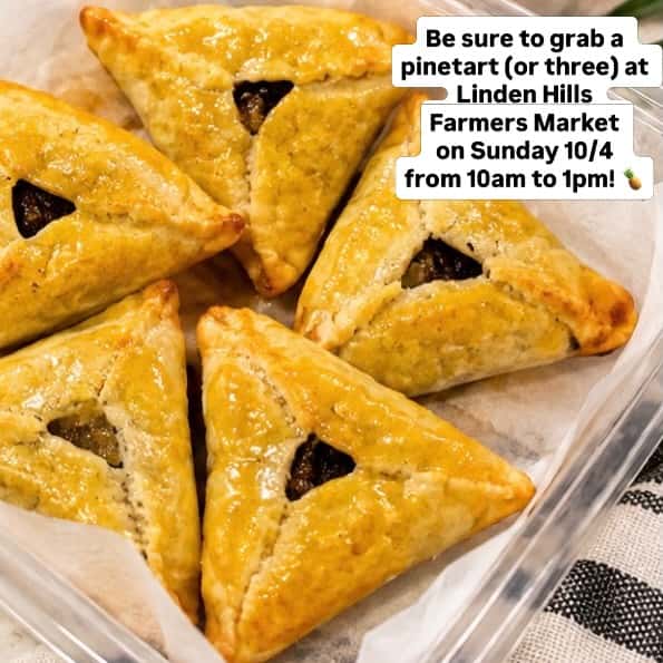 🍍 Pinetarts are buttery pastries filled with sweet and spiced pineapples, wrapped in a golden, flaky crust.
🛍️ Come get yours tomorrow at Linden Hills Farmers Market on 10/4 before they sell out.
🤷🏽♀️ And as you know, everything sells out at Channa Kitchen.
😘 You’re welcome in advance for having this terrible song stuck in your head.