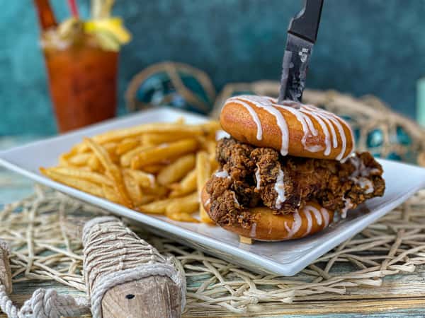 Chicken Doughnut Sandwich with Fries and Bloody Mary