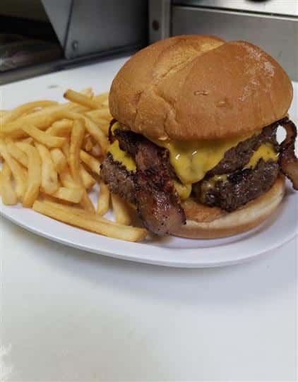 bacon cheese burger with french fries