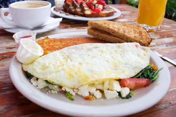 Tomato, Spinach & Feta Omelet Breakfast Menu Filling Station Cafe