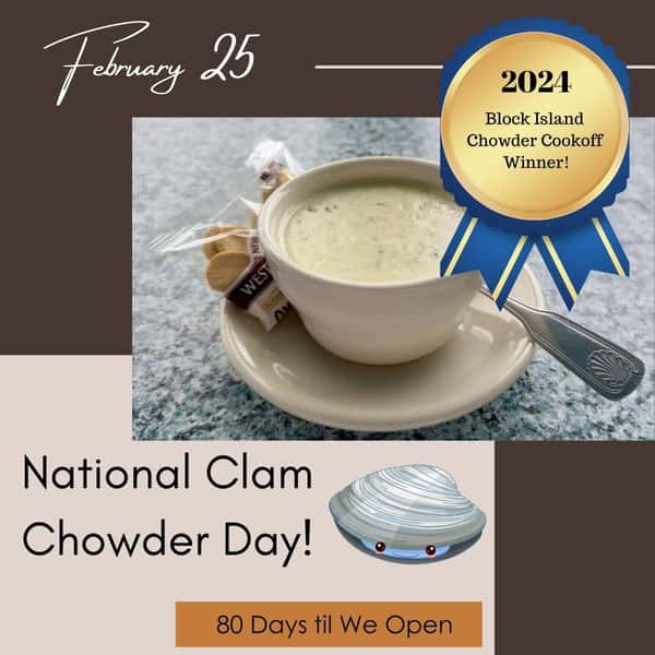 We wish we could share a cup with you today but in 80 short days we will be open and of course serving our 2024 winning recipe!  If you happen to be in Naples, FL stop by our sister restaurant M Waterfront Grille...they have the same delicious recipe!

#nationalhotelbi #blockisland #blockislandeats #nationalclamchowderday #mwaterfrontgrille #naplesflorida