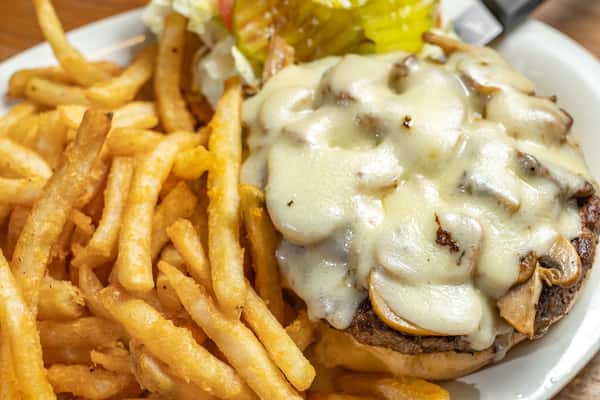 Mushroom Swiss Burger with fries