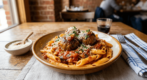 Penne pasta and meatballs with marinara sauce