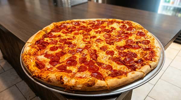 Large pepperoni pizza on a metal tray, in a restaurant setting with plates and cutlery in the background.