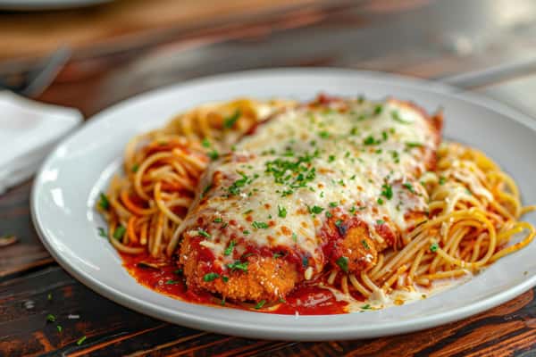 Chicken parmesan served over spaghetti with melted cheese and marinara sauce.