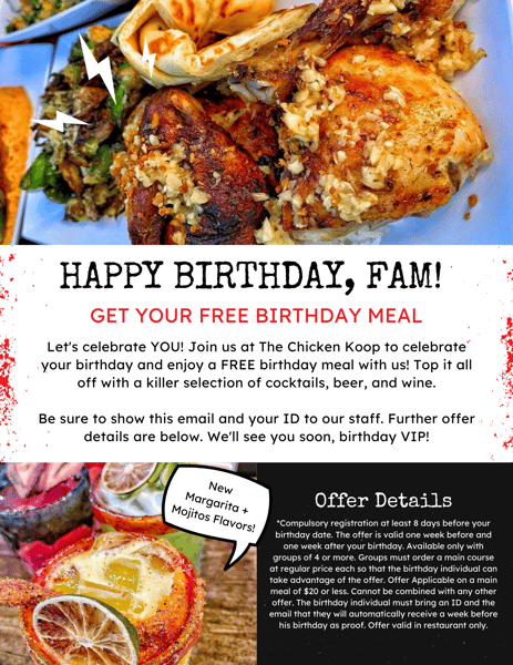 Birthday flyer with offer. Free Birthday Meal. 