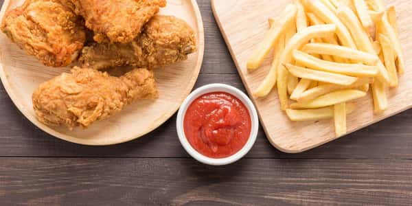 fried chicken, french fries and dipping sauce