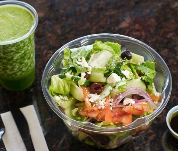 greek salad with green power smoothie