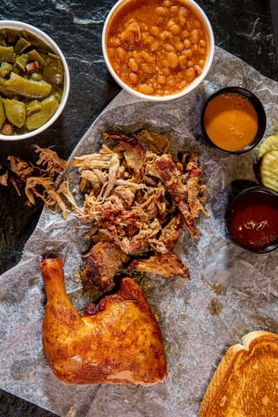 pulled prok and smoked half chicken