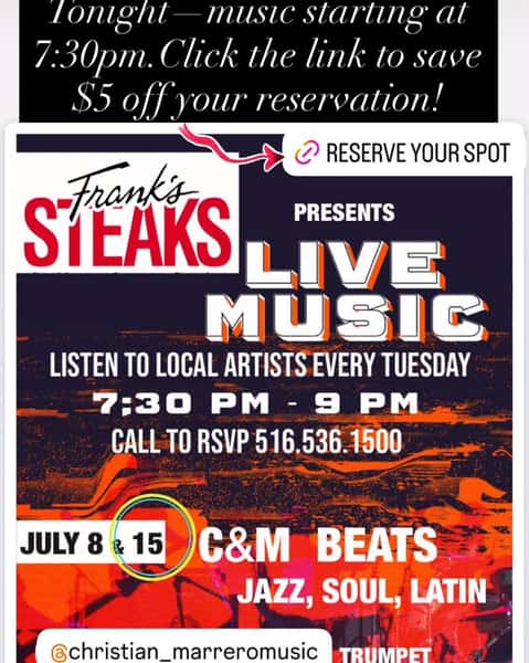 Tonight, Tuesday 7/15 we have the beat filled sounds for one night only  appearing live at RVC’s #1 steakhouse… C&M Beats! #rvcsteaks #frankssteaksrvc #cmbeats #summer #summrrconcertseries