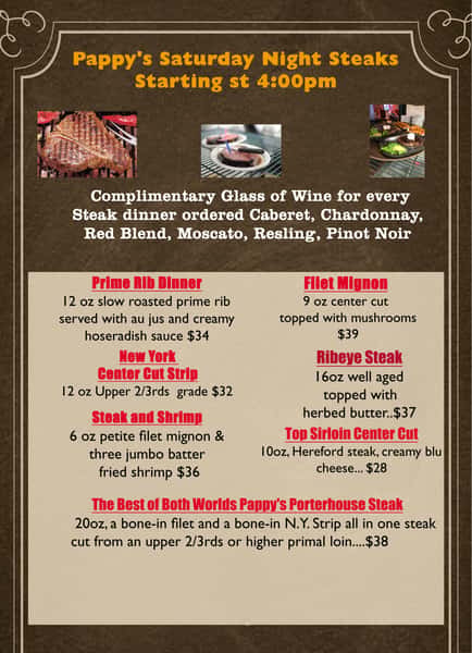 Saturday Night Steaks starting at 4:00pm
