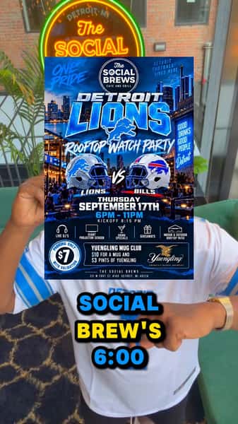 Detroit football belongs downtown. 🦁🏈
This Thursday, we’re taking Lions vs. Bills to the rooftop at The Social Brews with a full Game Day Watch Party.
We’re kicking things off at 6PM with live DJs, drink specials, giveaways and the game on the giant projector screen. Kickoff is at 8:15PM, so get here early, grab a spot and settle in for the night.
🍺 Yuengling Mug Club: $10 mug + $3 pints
🚗 $7 parking with validation
🏙️ Indoor + outdoor rooftop viewing
📍 The Social Brews | 211 W. Fort St., Detroit
Thursday, September 17 | 6–11PM
One Pride. Let’s go Lions. 🦁💙