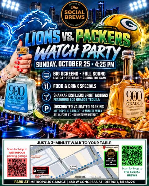 🦁💙 DETROIT, IT’S GAME TIME!
The Lions are taking on the Packers this Sunday, and we’re turning up the energy at The Social Brews! 🏈🍻
Join us for a downtown Detroit watch party with big screens, full game sound, a live DJ keeping the party going, and plenty of food and drink specials!
🍺 ROAR & POUR MUG CLUB: Grab your limited-edition Yuengling mug + your first beer for just $10! Bring your mug back for $3 Yuengling pints during EVERY Lions game this season!
🍹 SPIRIT TASTINGS: Shankar Distillers will be joining us for spirit tastings featuring 900 Grados Tequila!
🎧 LIVE DJ: Bringing the energy before kickoff and throughout the game!
🚗 EASY PARKING: Just $7 for discounted all-day validated parking at Metropolis Garage, only a 3-minute walk away!
🏈 LIONS VS. PACKERS
📅 Sunday, October 25
⏰ Kickoff at 4:25 PM
📍 The Social Brews | 211 W. Fort St., Downtown Detroit
Round up your crew, wear your Honolulu blue, and come help us make some noise for Detroit! 💙🦁