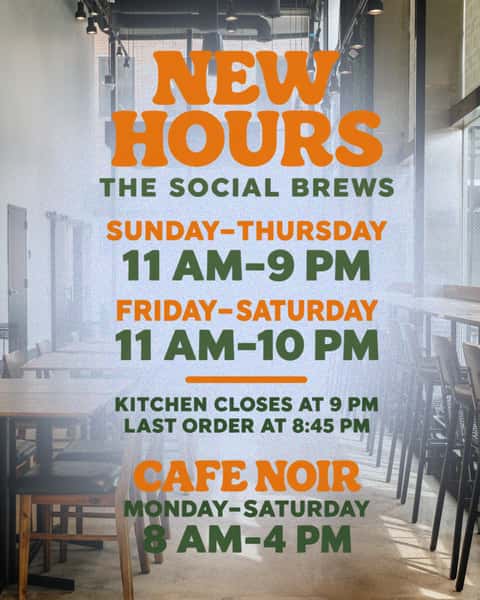Coffee before work, lunch with your coworkers, or drinks when the day’s finally over. Here’s when to find us! ☕🍻
THE SOCIAL BREWS
Sunday–Thursday: 11 AM–9 PM
Friday–Saturday: 11 AM–10 PM
Our kitchen closes at 9 PM, with last food orders at 8:45 PM.
CAFE NOIR
Monday–Saturday: 8 AM–4 PM
📍 211 W Fort St, Detroit
Save our new hours and come see us soon!