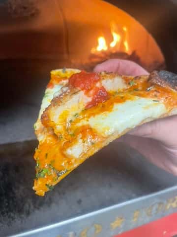 Pizza slice with oven behind