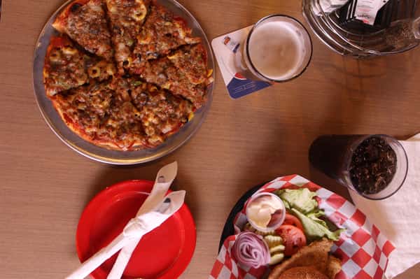 pizza pie, beer, and open burger