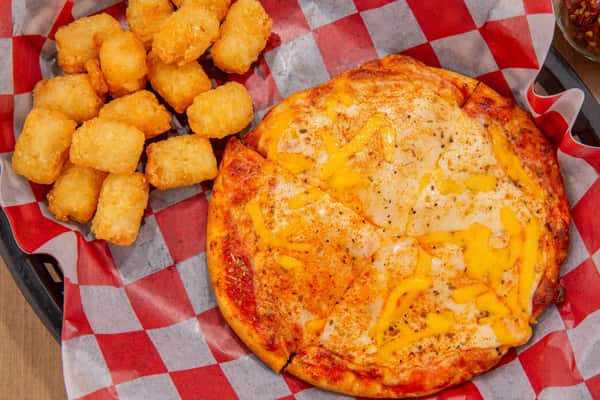 Kids cheese pizza with tater tots at The Gaslight Pizza & Grill in Huntingburg, Indiana